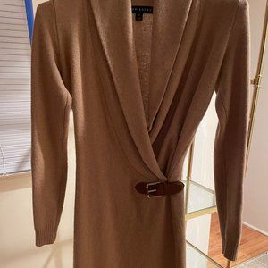 Ralph Lauren Black Label Shawl-Collar Leather Buckle Sweater Dress